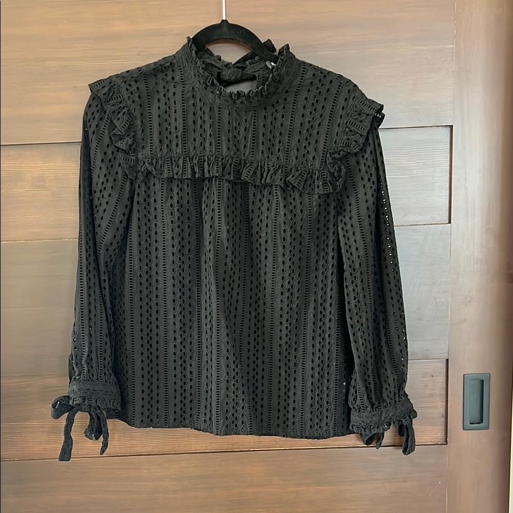 Madewell Black Ruffled Blouse with Cuffed Sleeves